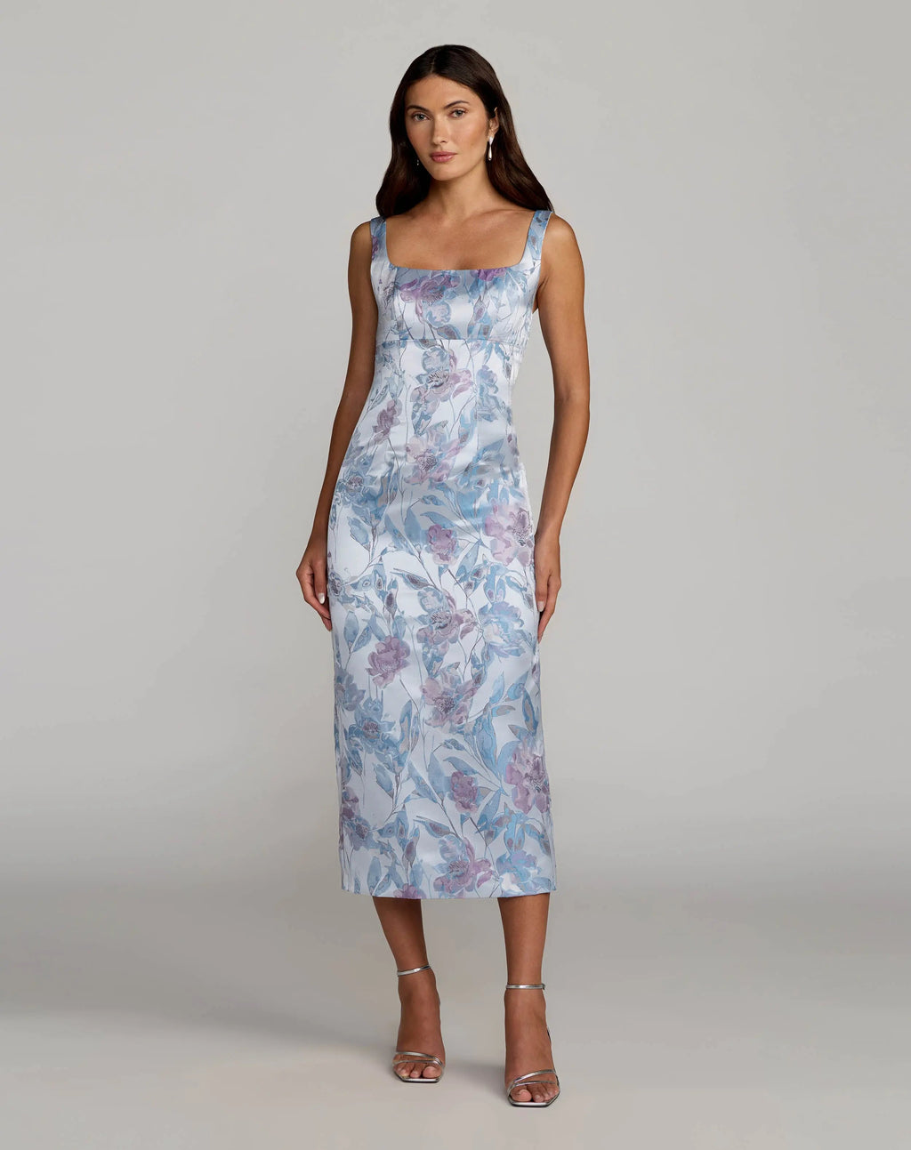 Blue Floral Square Neck Midi Dress Designer Collection