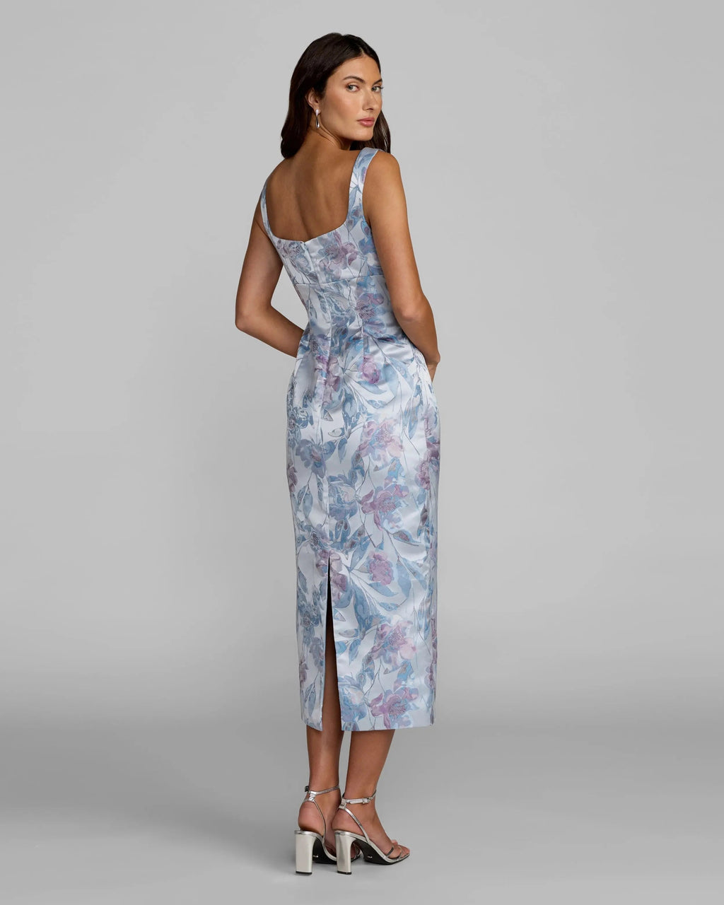 Blue Floral Square Neck Midi Dress Designer Collection