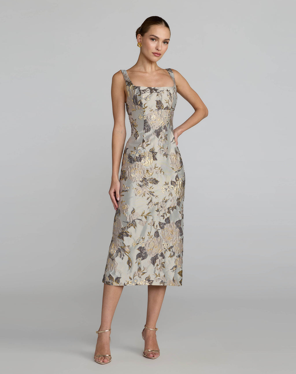 Silver Floral Square Neck Midi Dress - Designer Collection