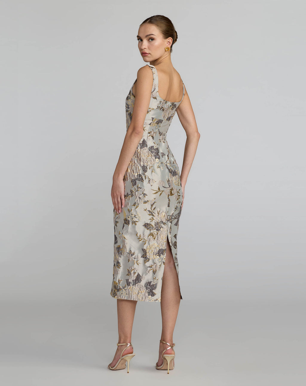 Silver Floral Square Neck Midi Dress - Designer Collection
