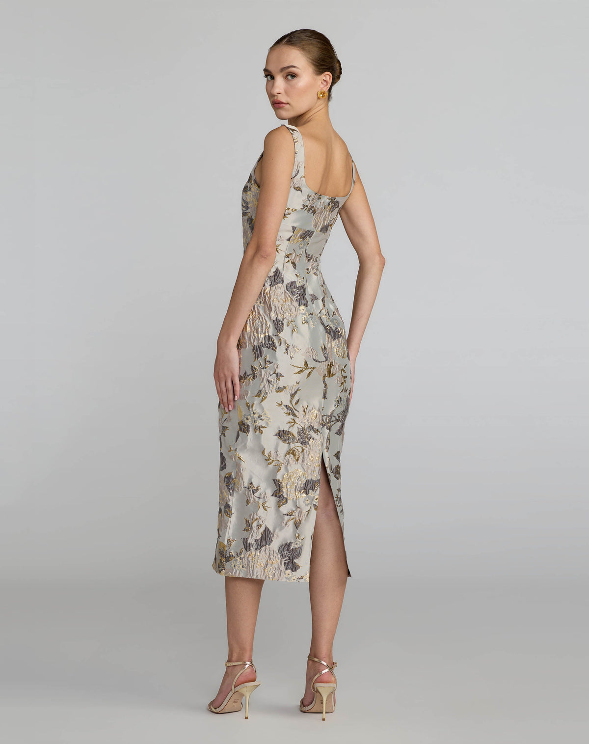 Silver Floral Square Neck Midi Dress - Designer Collection