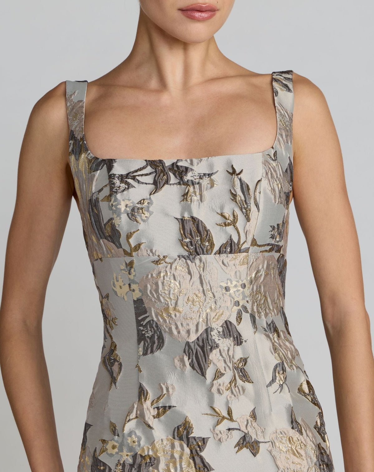 Silver Floral Square Neck Midi Dress - Designer Collection