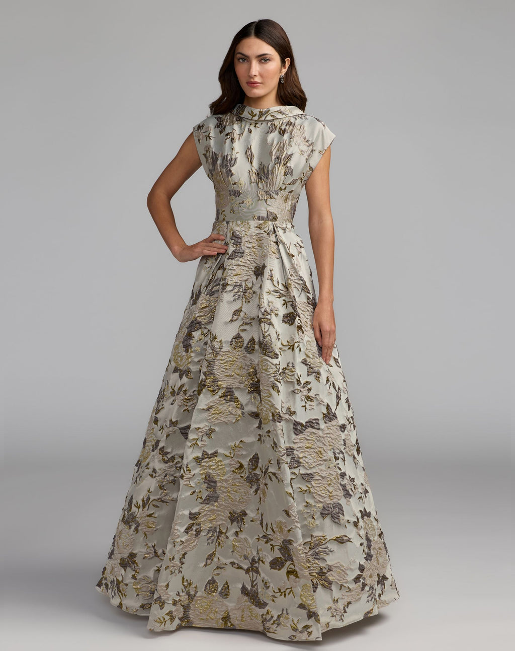 Silver Brocade Collared Cap Sleeve Pleated Ballgown - Designer Collection