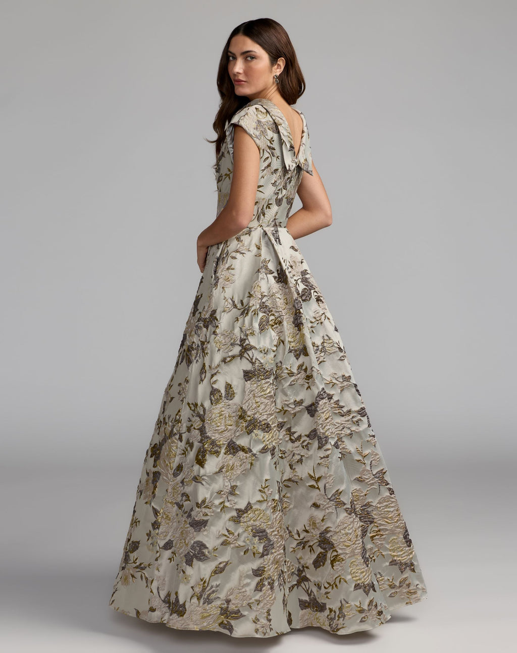 Silver Brocade Collared Cap Sleeve Pleated Ballgown - Designer Collection