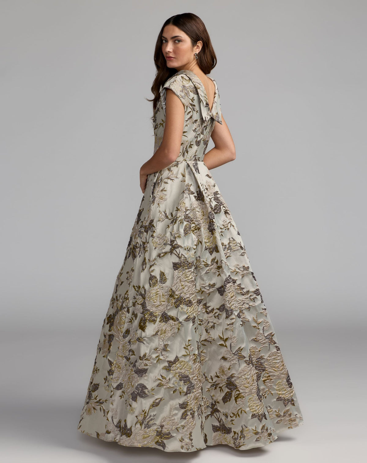 Silver Brocade Collared Cap Sleeve Pleated Ballgown - Designer Collection