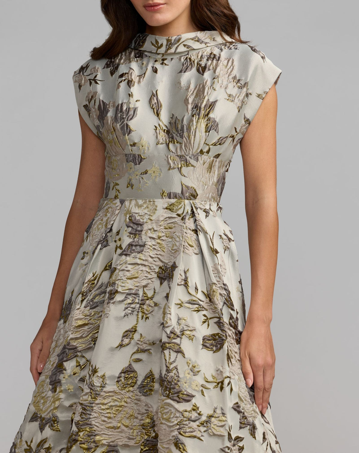 Silver Brocade Collared Cap Sleeve Pleated Ballgown - Designer Collection