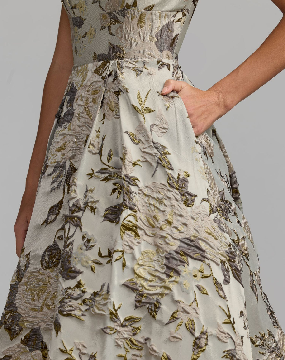 Silver Brocade Collared Cap Sleeve Pleated Ballgown - Designer Collection
