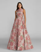 Pink Brocade Sleeveless V-Back Ball Gown  - Designer Collection
