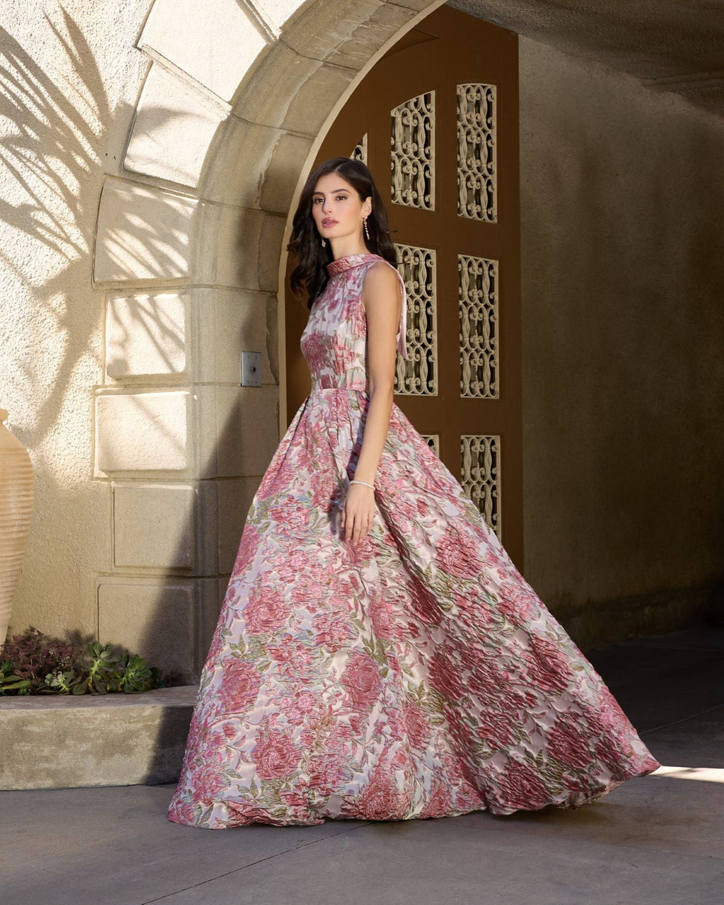 Pink Brocade Sleeveless V-Back Ball Gown  - Designer Collection