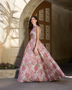 Pink Brocade Sleeveless V-Back Ball Gown  - Designer Collection