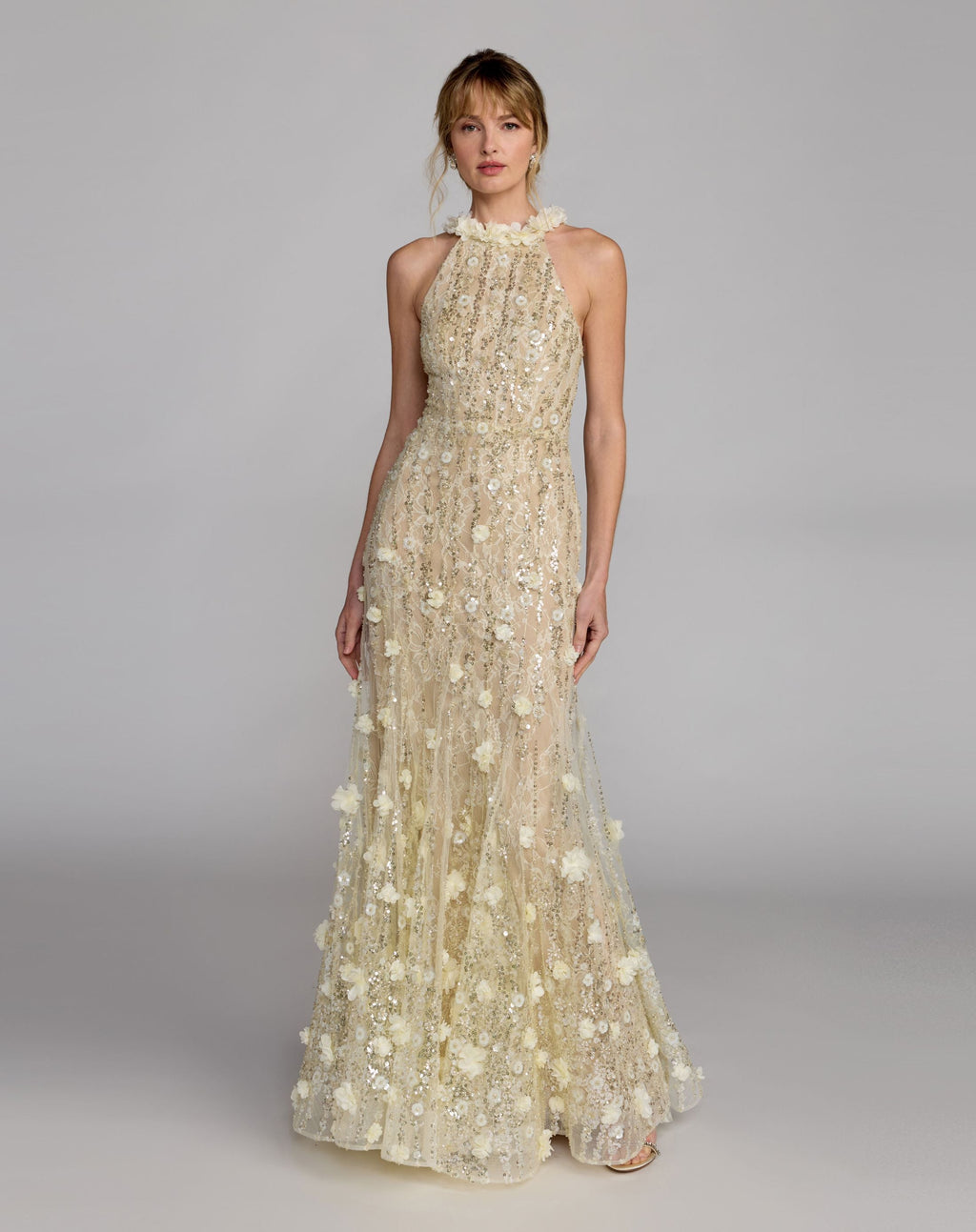 Yellow Floral Embellished Halter Mermaid Gown Designer Collection