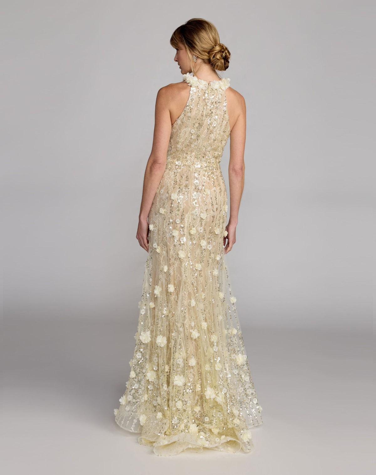 Yellow Floral Embellished Halter Mermaid Gown Designer Collection