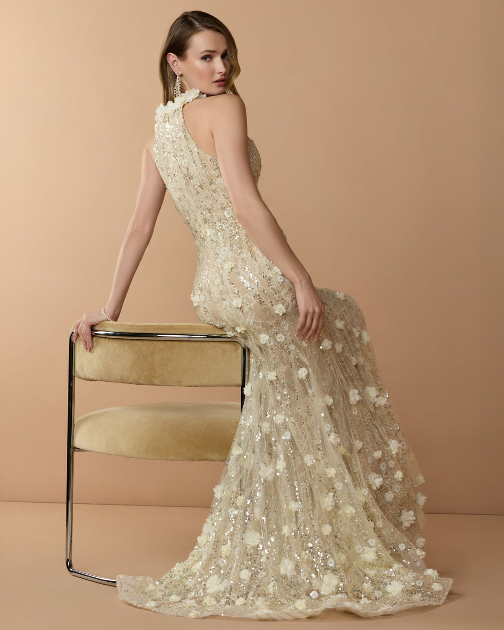 Yellow Floral Embellished Halter Mermaid Gown Designer Collection
