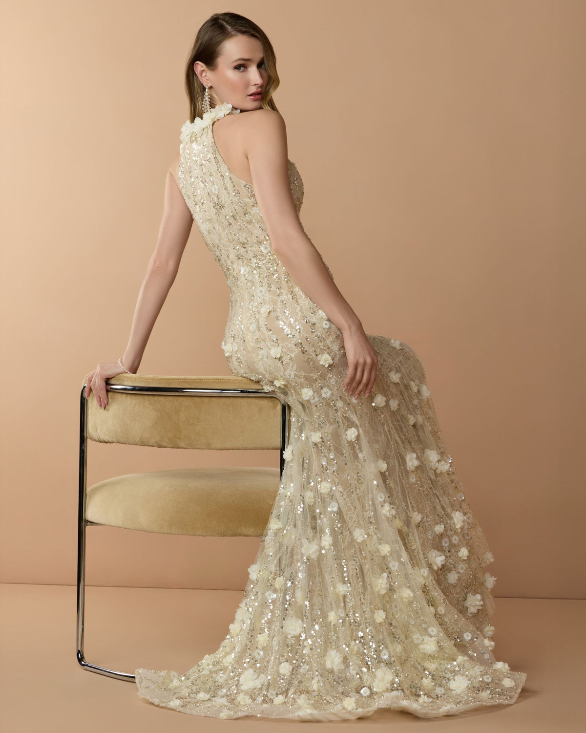 Yellow Floral Embellished Halter Mermaid Gown Designer Collection