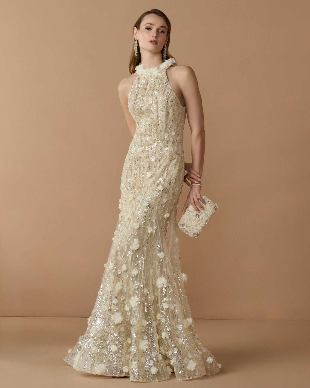 Yellow Floral Embellished Halter Mermaid Gown Designer Collection