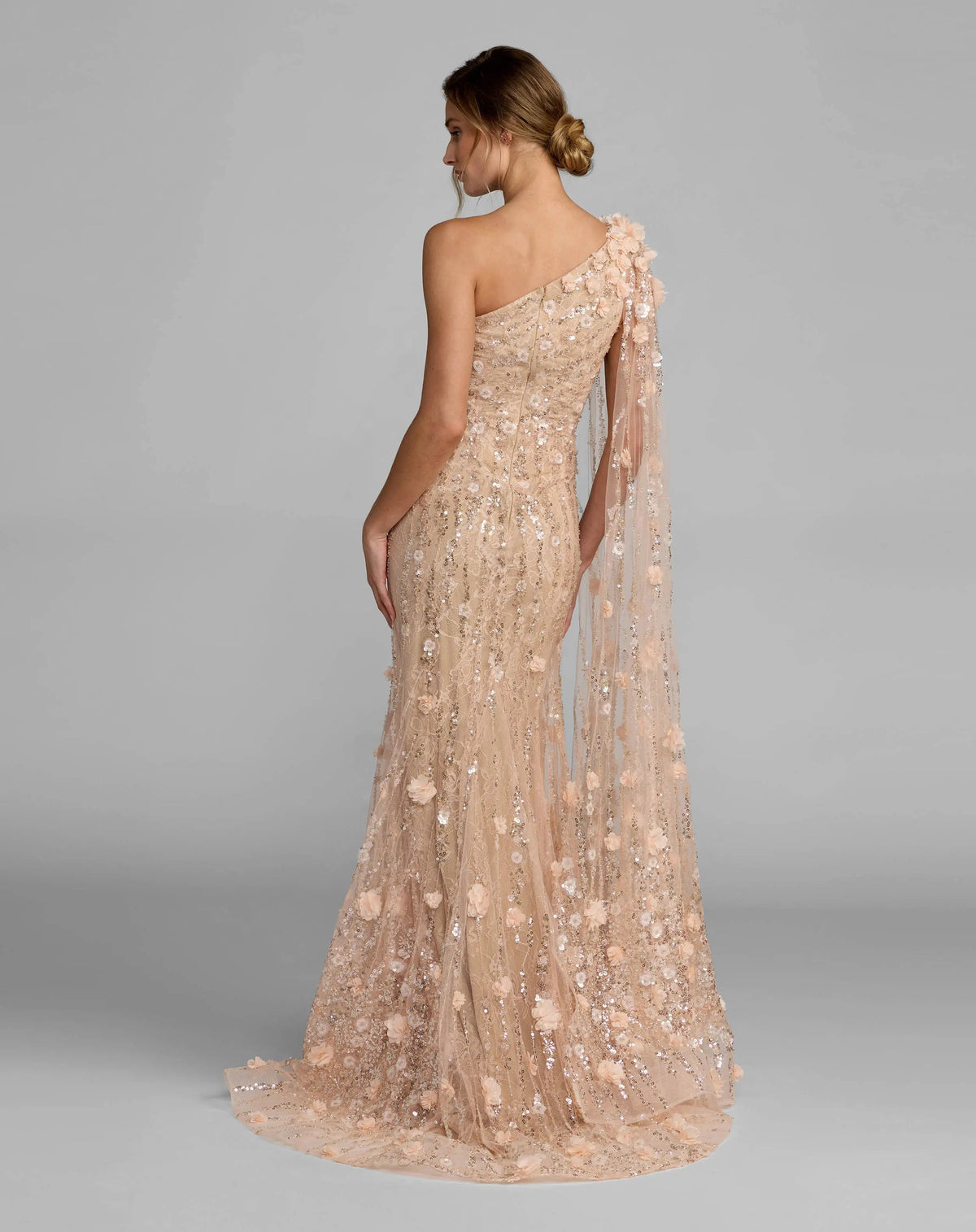 Beige One Shoulder Embellished Gown With Sheer Cape Sleeve - Designer Collection
