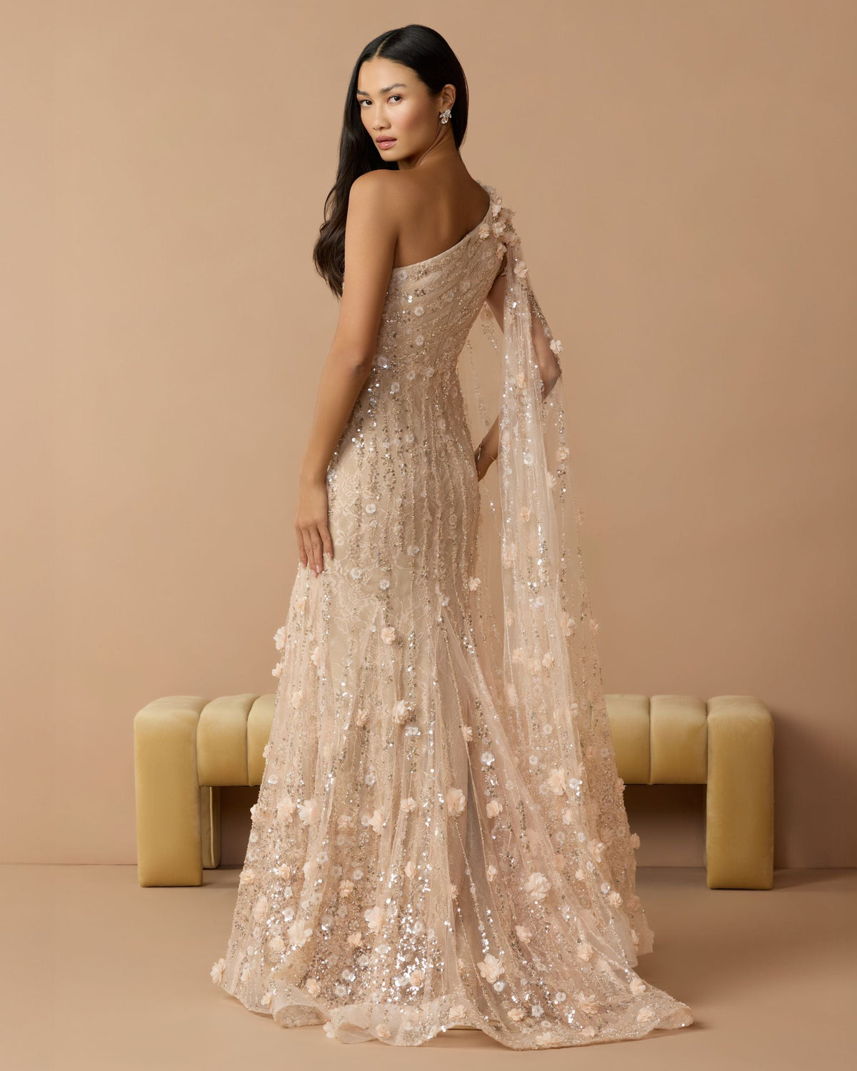 Beige One Shoulder Embellished Gown With Sheer Cape Sleeve - Designer Collection