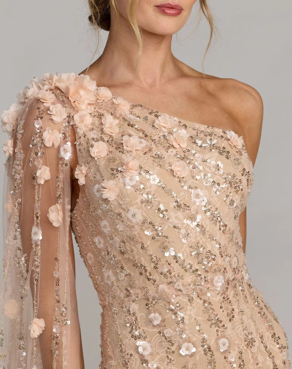 Beige One Shoulder Embellished Gown With Sheer Cape Sleeve - Designer Collection
