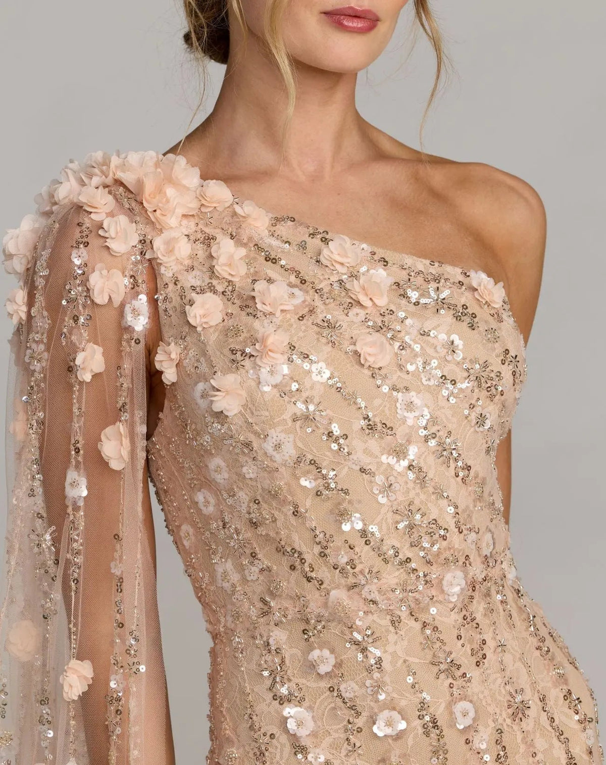 Beige One Shoulder Embellished Gown With Sheer Cape Sleeve - Designer Collection