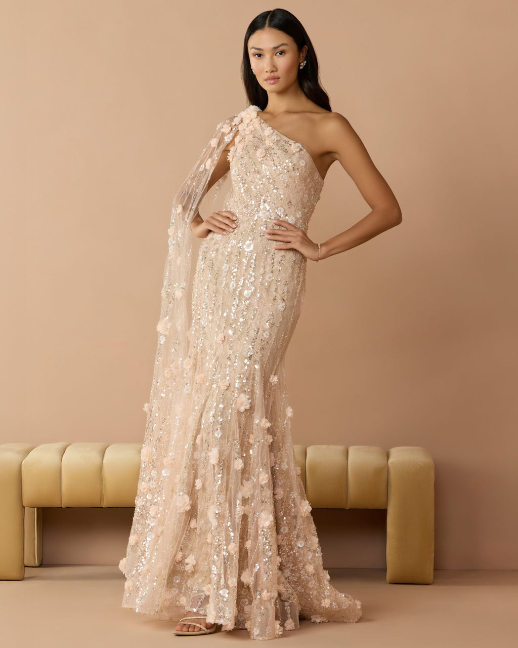 Beige One Shoulder Embellished Gown With Sheer Cape Sleeve - Designer Collection