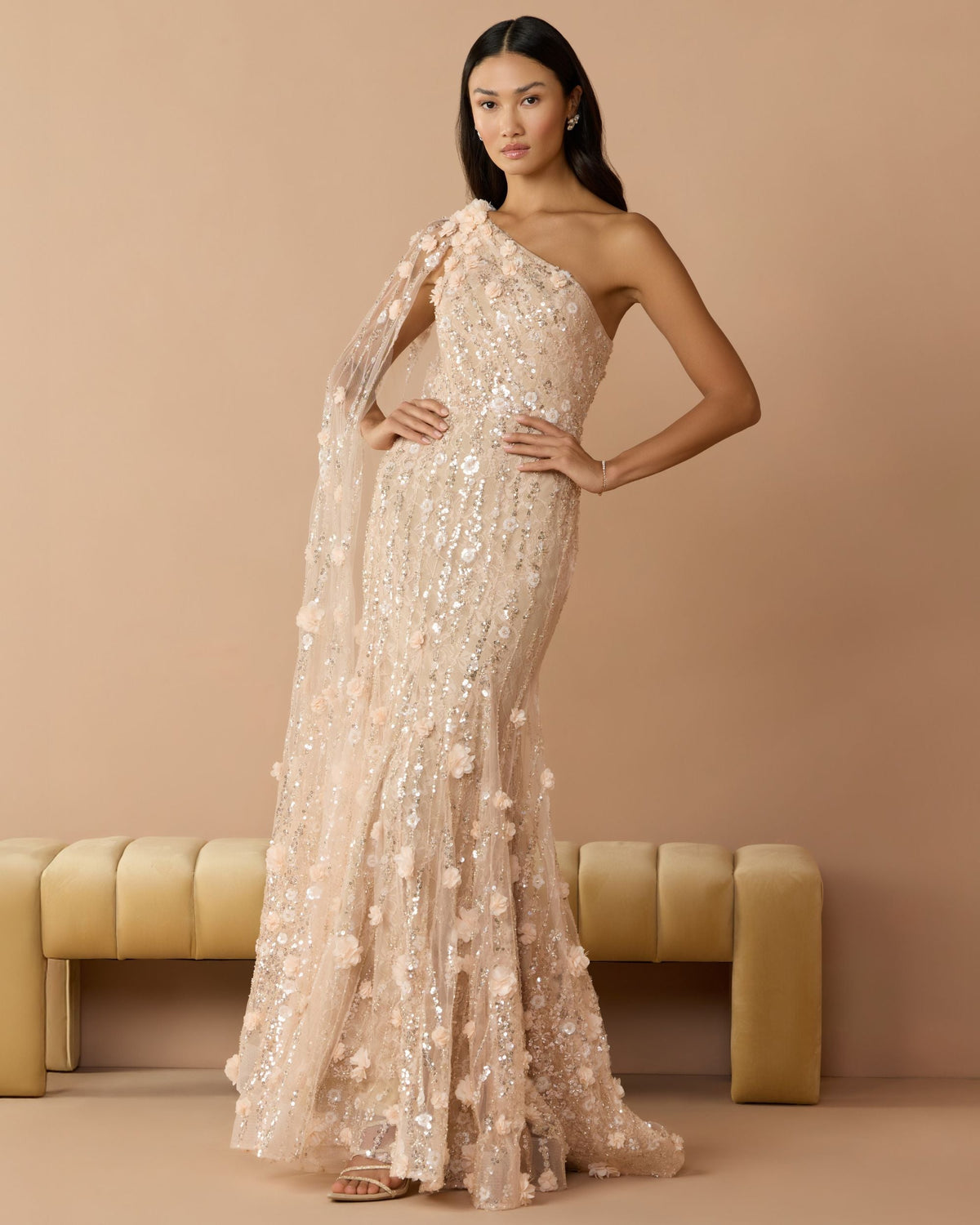 Beige One Shoulder Embellished Gown With Sheer Cape Sleeve - Designer Collection