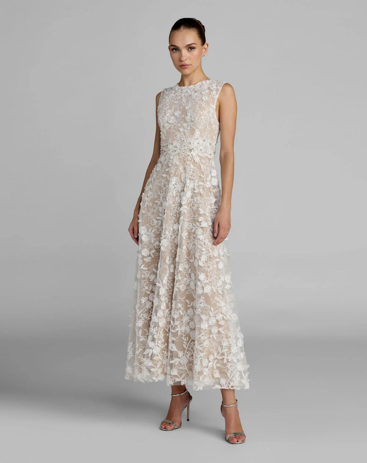Ivory Nude Floral Embroidered High Neck Midi Dress - Designer Collection
