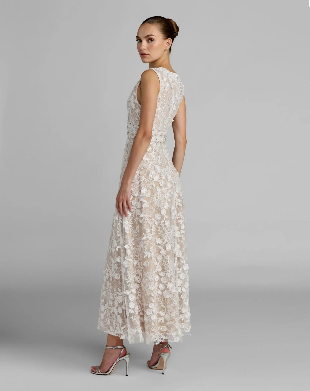 Ivory Nude Floral Embroidered High Neck Midi Dress - Designer Collection