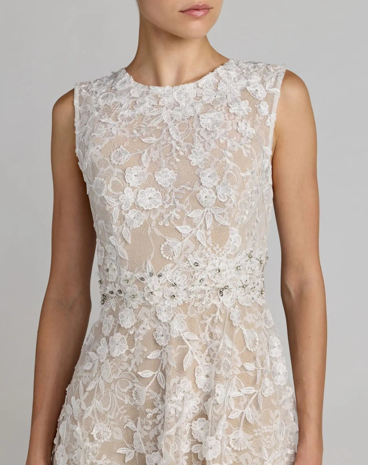 Ivory Nude Floral Embroidered High Neck Midi Dress - Designer Collection