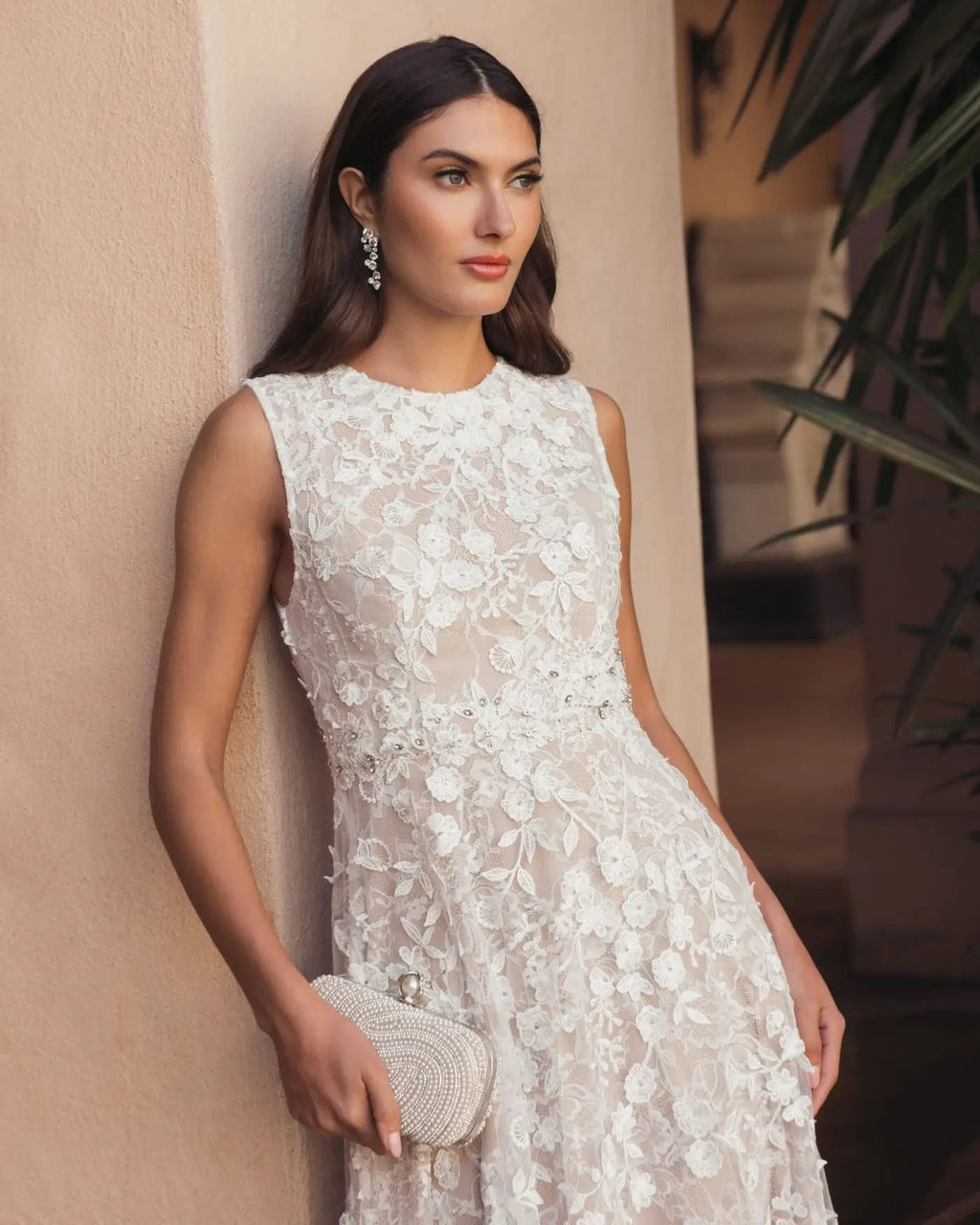 Ivory Nude Floral Embroidered High Neck Midi Dress - Designer Collection