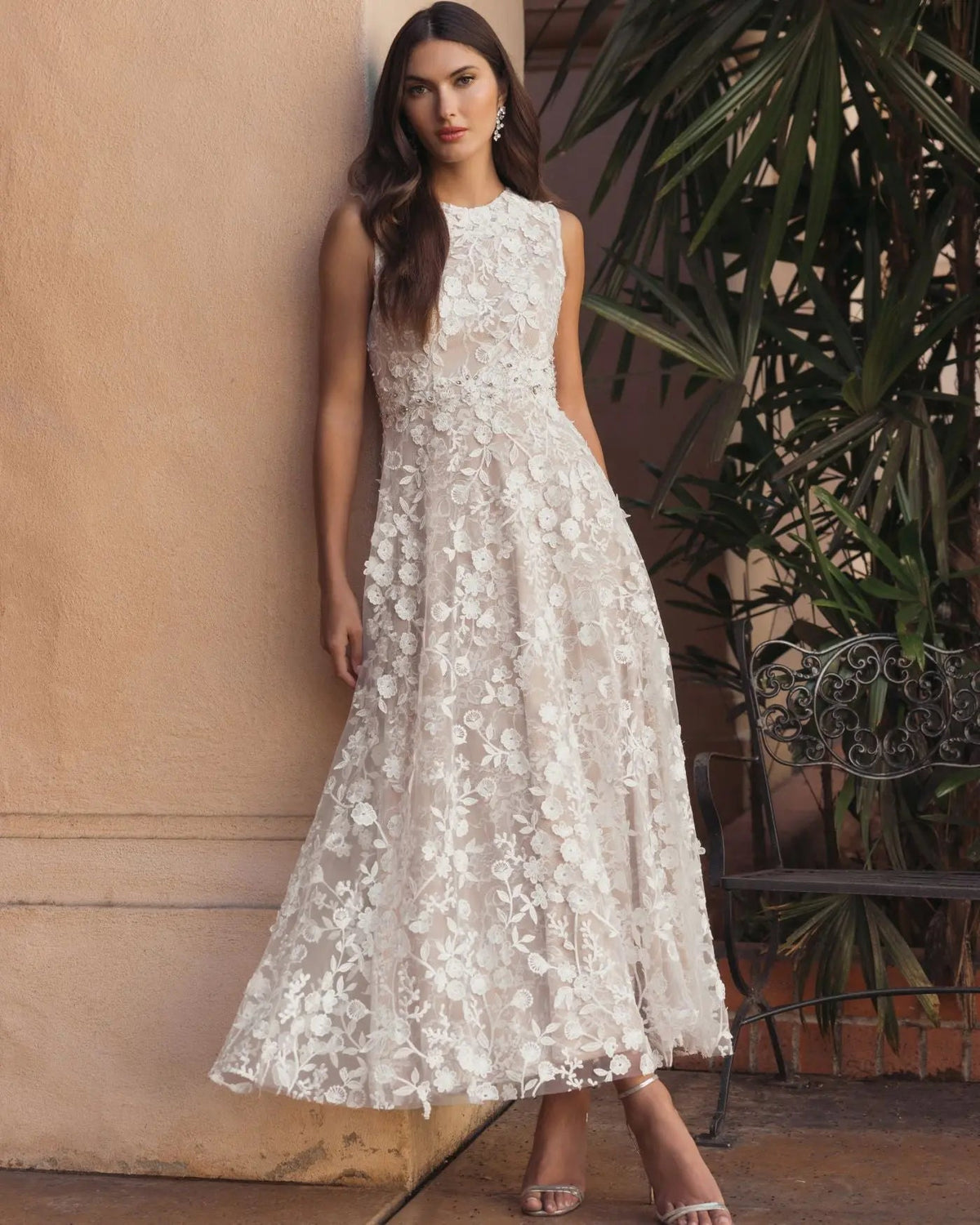 Ivory Nude Floral Embroidered High Neck Midi Dress - Designer Collection