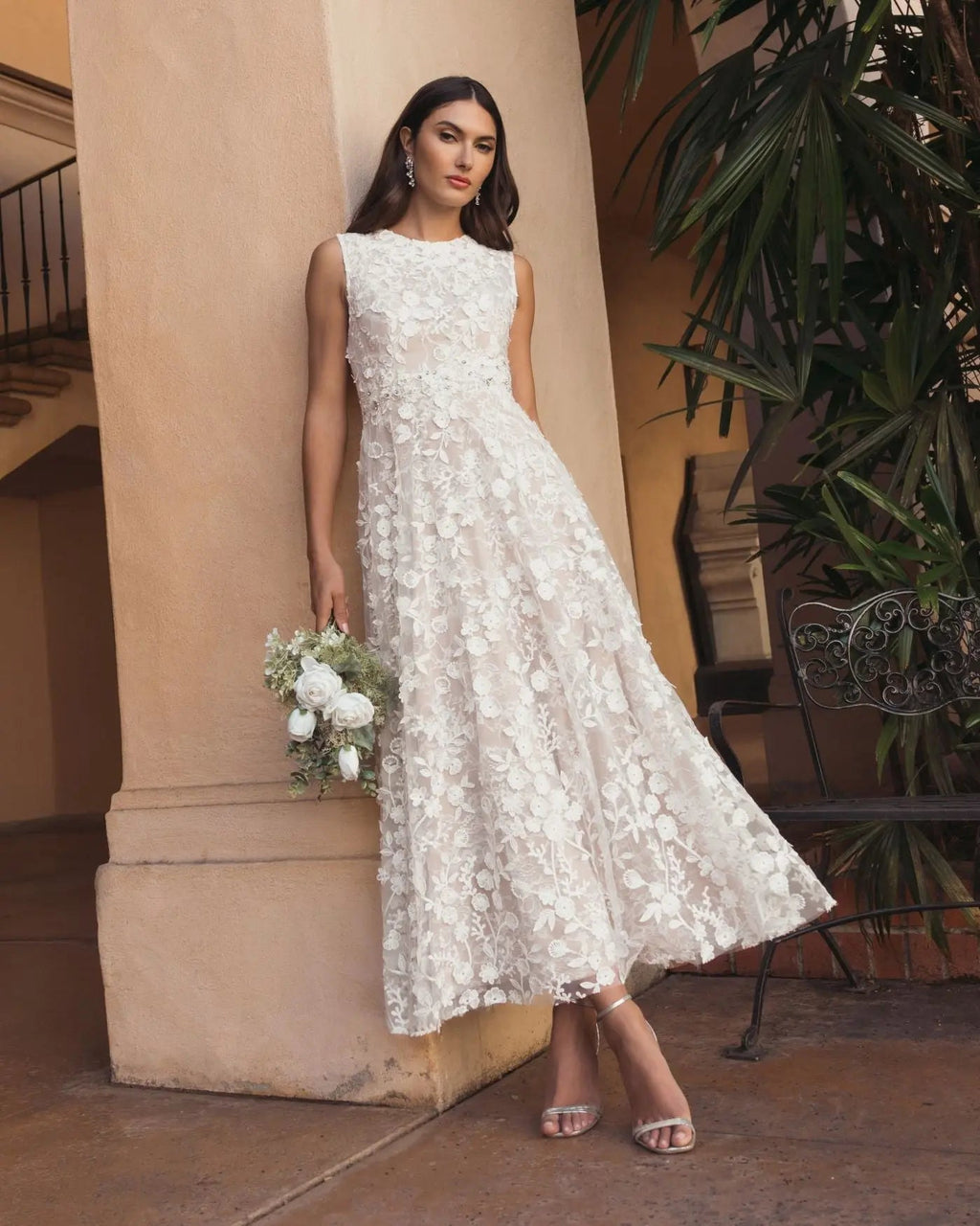 Ivory Nude Floral Embroidered High Neck Midi Dress - Designer Collection