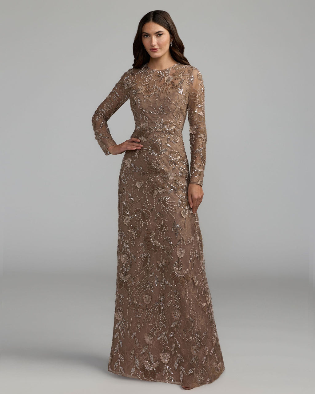 Brown Embellished Floral Lace Gown Designer Collection