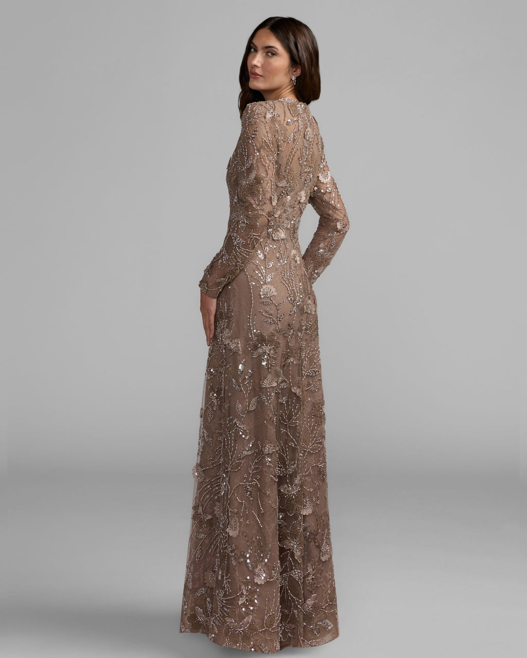 Brown Embellished Floral Lace Gown Designer Collection