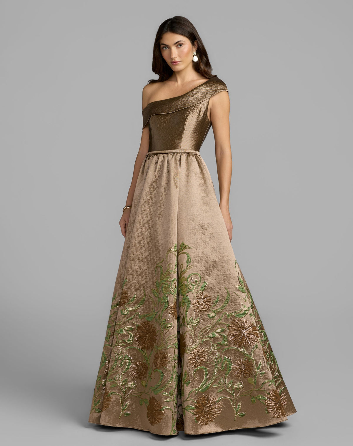 Beige Floral Off The Shoulder Ballgown - Designer Collection