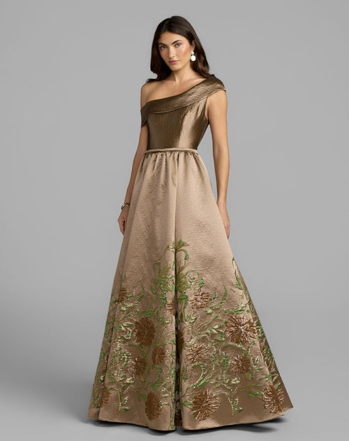 Beige Floral Off The Shoulder Ballgown - Designer Collection