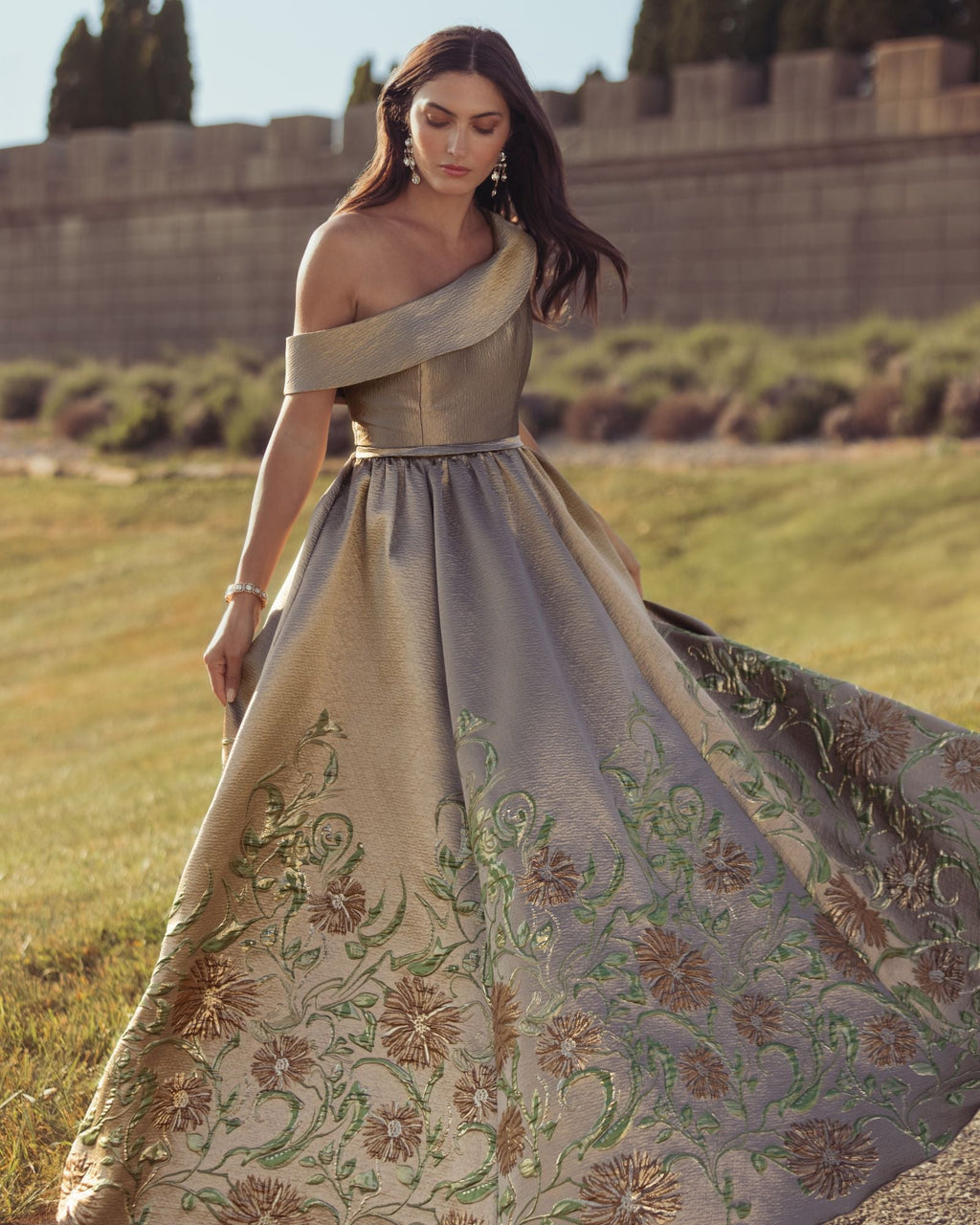 Beige Floral Off The Shoulder Ballgown - Designer Collection