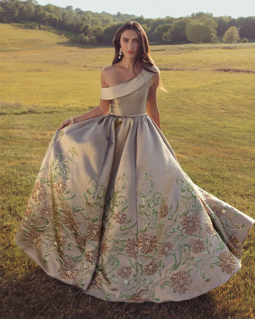 Beige Floral Off The Shoulder Ballgown - Designer Collection