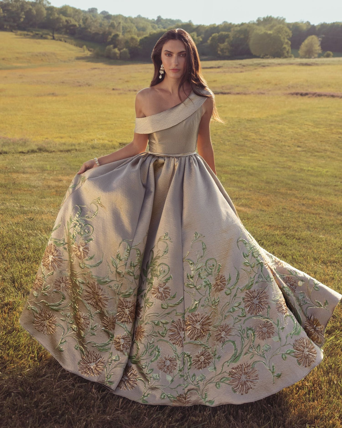 Beige Floral Off The Shoulder Ballgown - Designer Collection