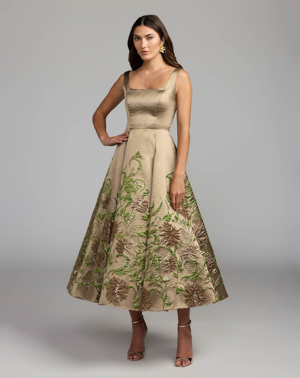 Gold Floral Brocade A-Line Midi Dress - Designer Collection