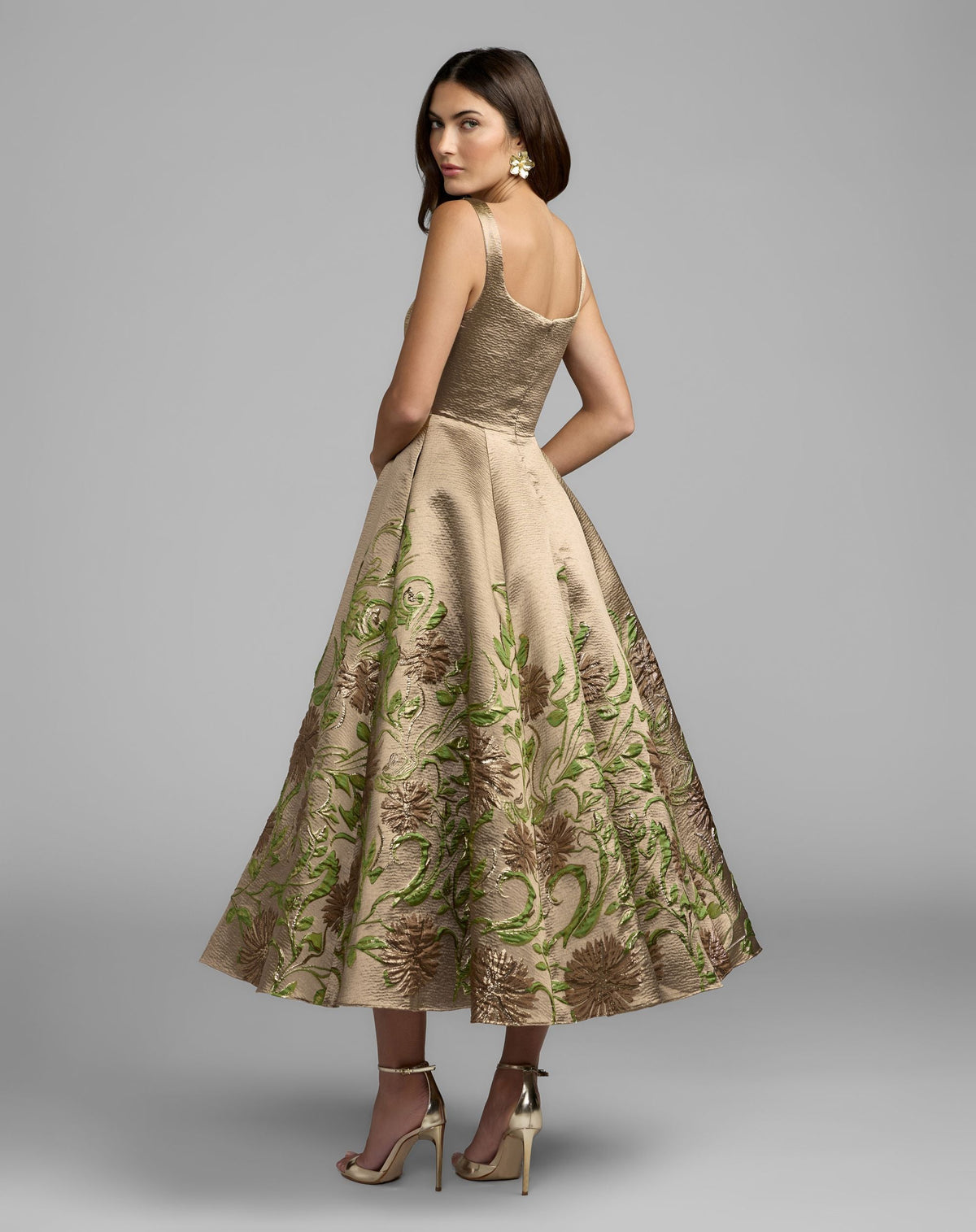 Gold Floral Brocade A-Line Midi Dress - Designer Collection