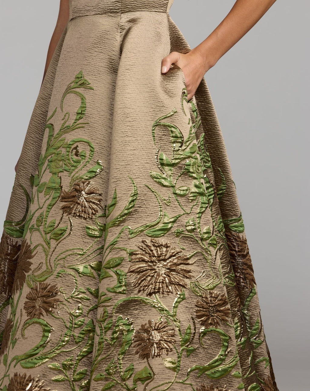 Gold Floral Brocade A-Line Midi Dress - Designer Collection