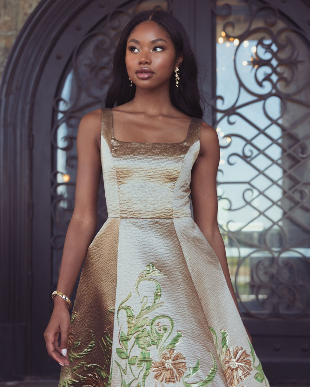 Gold Floral Brocade A-Line Midi Dress - Designer Collection