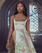 Gold Floral Brocade A-Line Midi Dress - Designer Collection