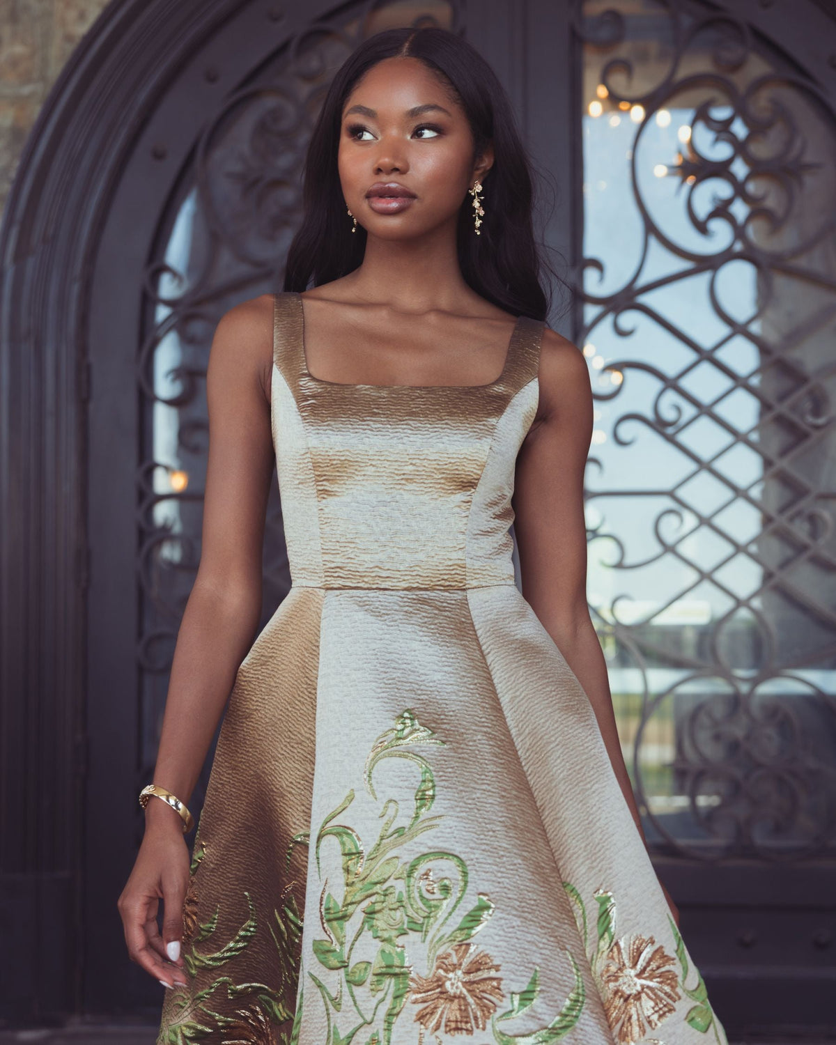 Gold Floral Brocade A-Line Midi Dress - Designer Collection