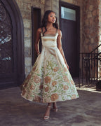 Gold Floral Brocade A-Line Midi Dress - Designer Collection