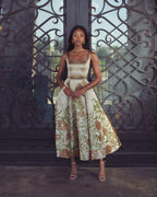 Gold Floral Brocade A-Line Midi Dress - Designer Collection