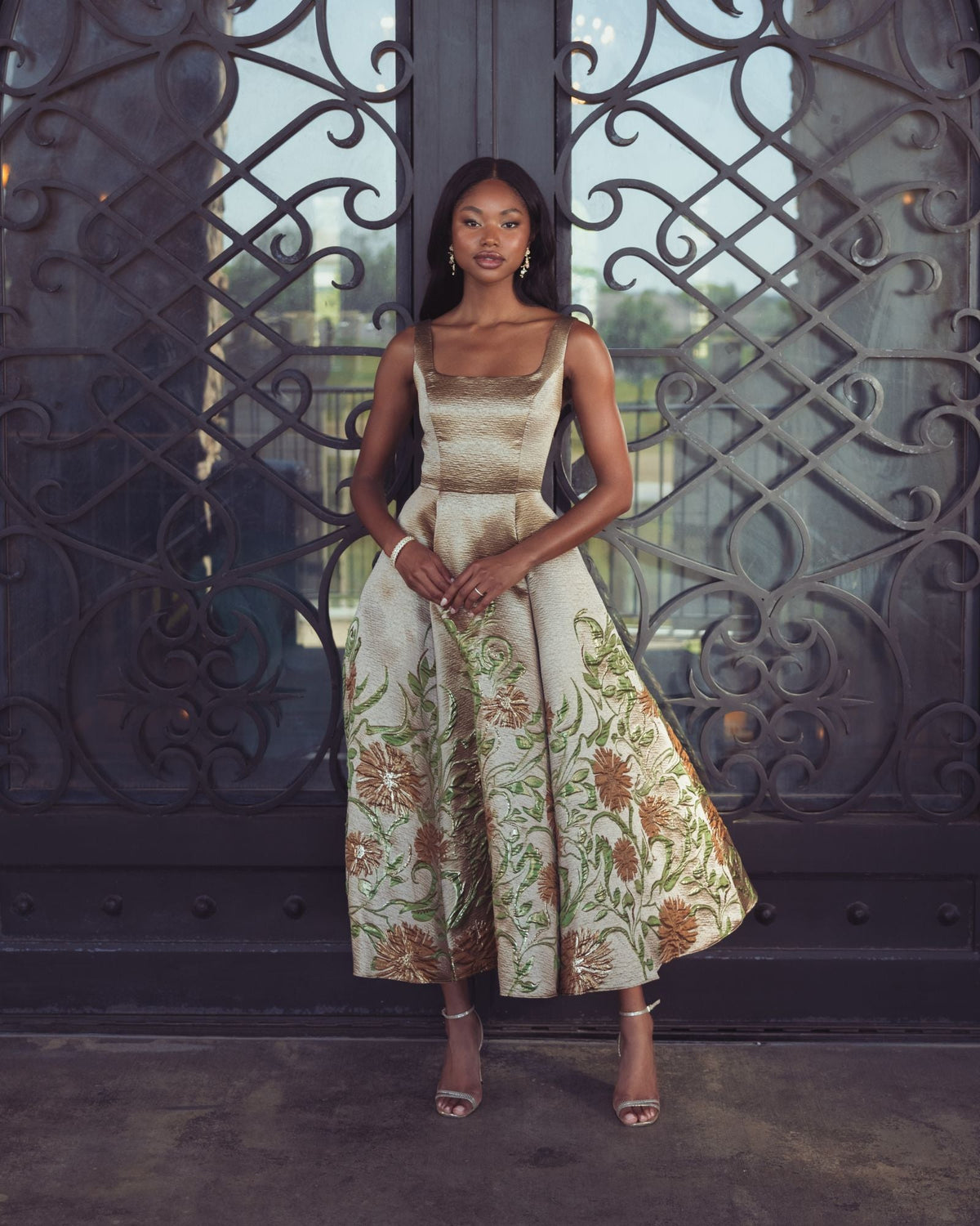 Gold Floral Brocade A-Line Midi Dress - Designer Collection