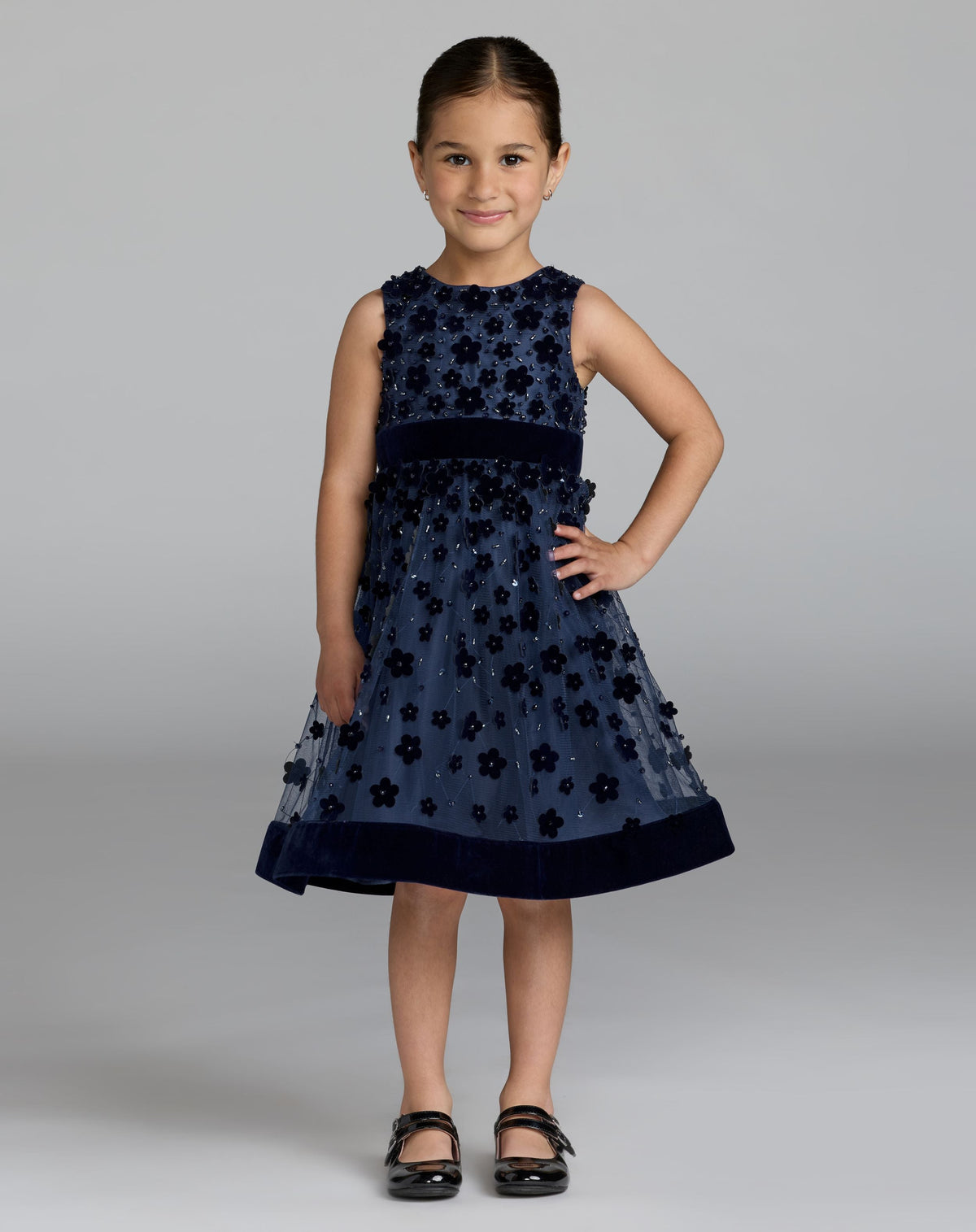 Girls Blue Embellished Floral A-Line Dress - Designer Collection