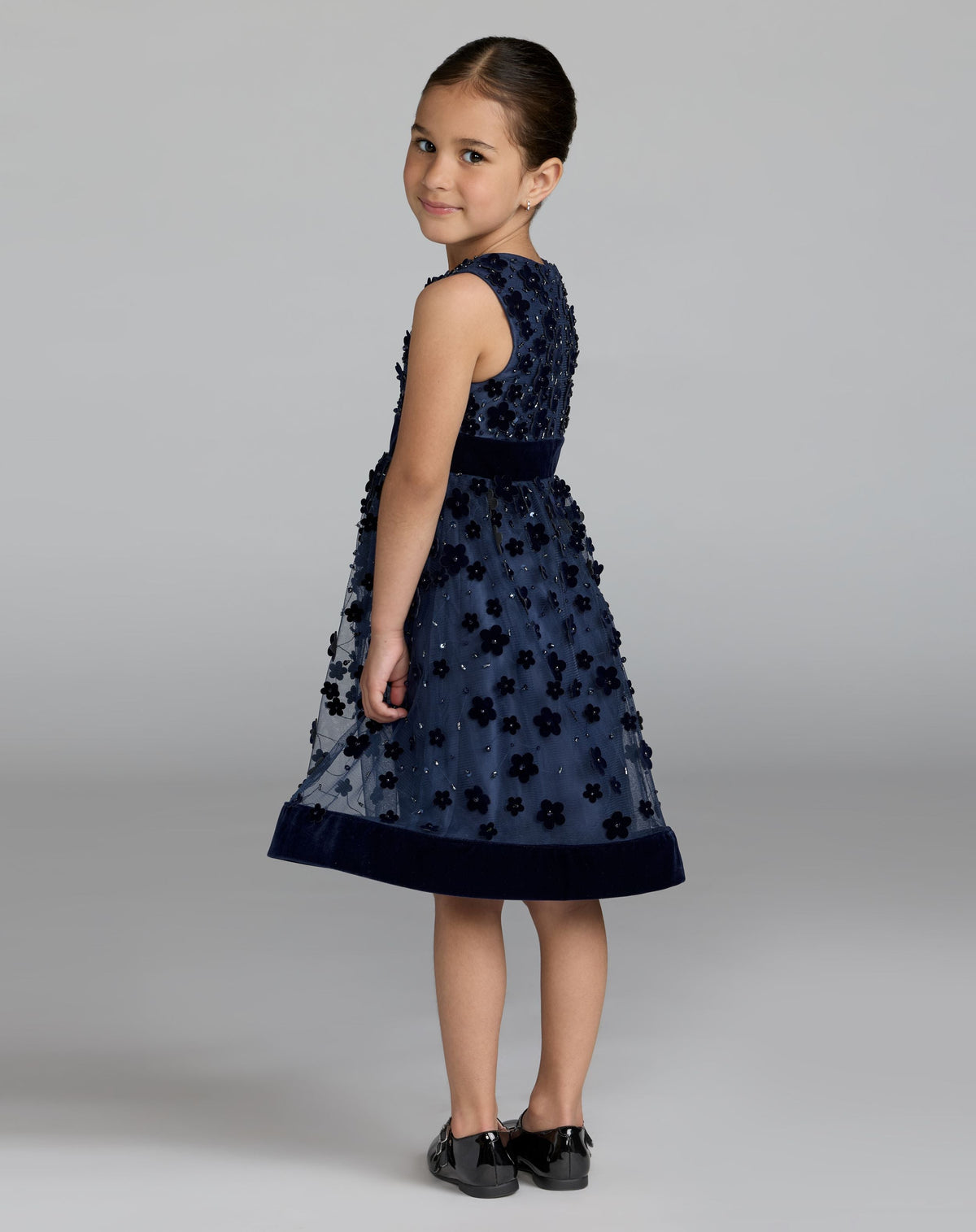 Girls Blue Embellished Floral A-Line Dress - Designer Collection