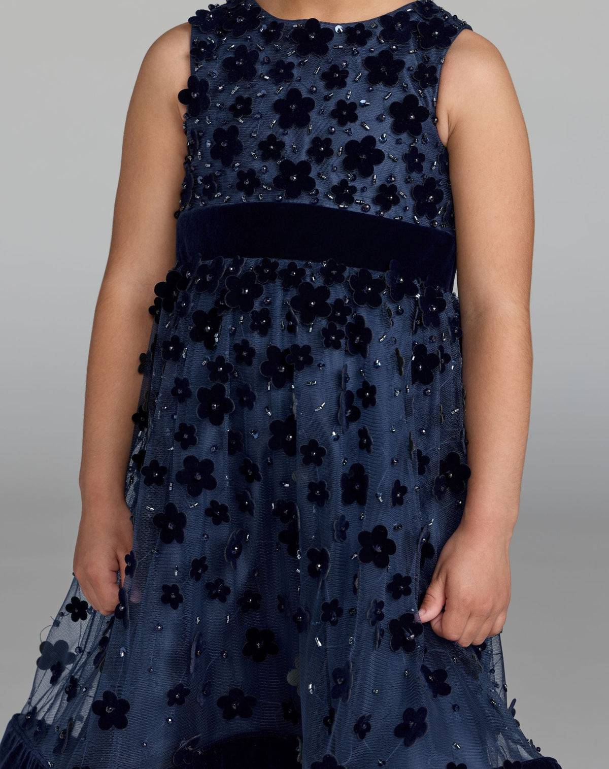 Girls Blue Embellished Floral A-Line Dress - Designer Collection